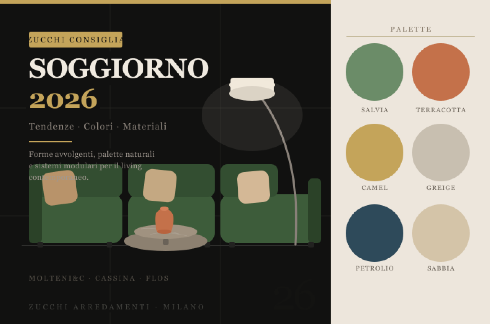 Soggiorno moderno 2026 arredato con divano modulare, tavolino in legno e complementi in terracotta – Zucchi Arredamenti Milano