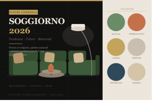 Soggiorno moderno 2026 arredato con divano modulare, tavolino in legno e complementi in terracotta – Zucchi Arredamenti Milano